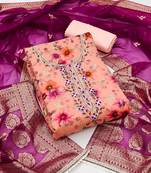 Women's peach unstitched weaving digital print handwork modal banarasi jacquard dress material (msmfc11591b)