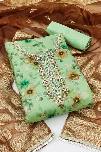 Women's light green unstitched weaving digital print handwork modal banarasi jacquard dress material (msmfc11591c)