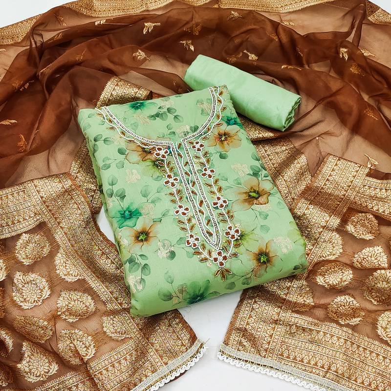 Women's light green unstitched weaving digital print handwork modal banarasi jacquard dress material (msmfc11591c)