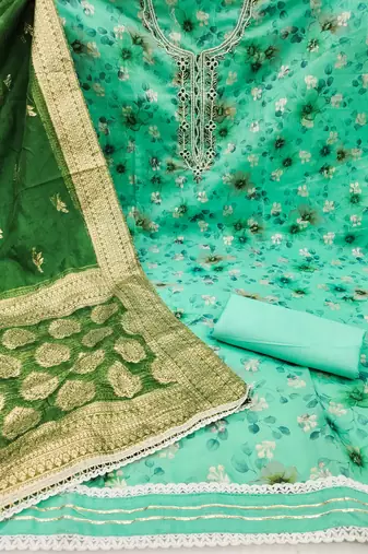 Women's sea green weaving digital print handwork modal banarasi jacquard dress material