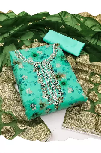 Women's sea green weaving digital print handwork modal banarasi jacquard dress material