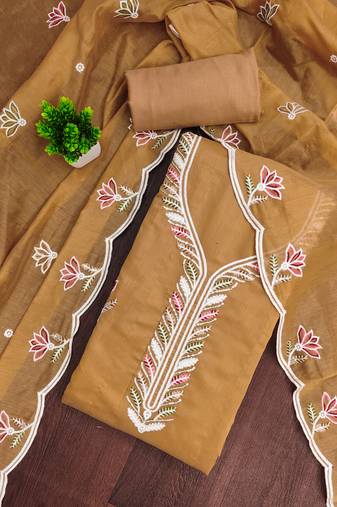 Women's mustard brown unstitched thread sequence embroidery chanderi cotton dress material (mt620bwn)