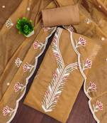Women's mustard brown unstitched thread sequence embroidery chanderi cotton dress material (mt620bwn)