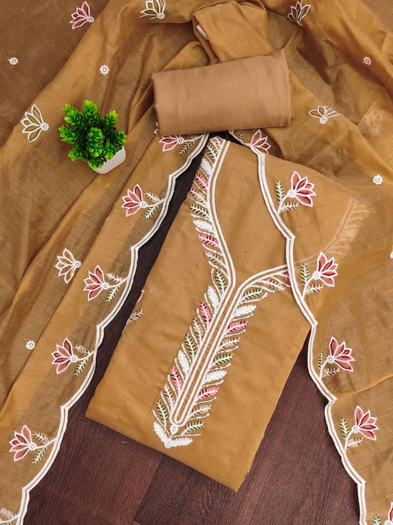 Women's mustard brown unstitched thread sequence embroidery chanderi cotton dress material (mt620bwn)