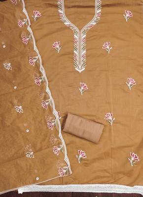 Women's mustard brown unstitched thread sequence embroidery chanderi cotton dress material (mt620bwn) 2