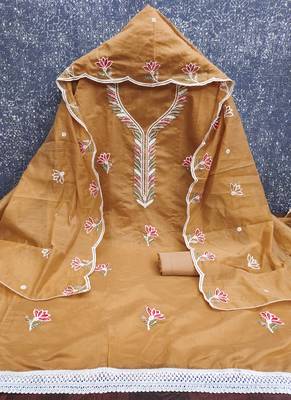 Women's mustard brown unstitched thread sequence embroidery chanderi cotton dress material (mt620bwn) 3