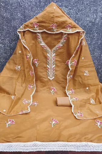 Women's mustard brown unstitched thread sequence embroidery chanderi cotton dress material (mt620bwn)