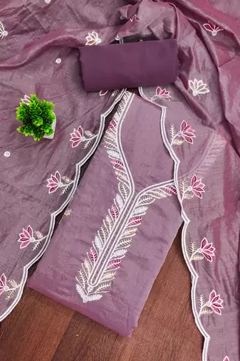 Women's levender unstitched thread sequence embroidery chanderi cotton dress material (mt620ldr)