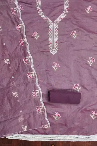 Women's levender unstitched thread sequence embroidery chanderi cotton dress material (mt620ldr)