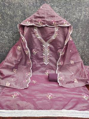 Women's levender unstitched thread sequence embroidery chanderi cotton dress material (mt620ldr) 3