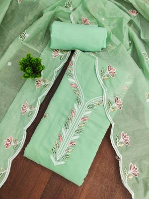 Women's light green thread sequence embroidery chanderi cotton dress material 1
