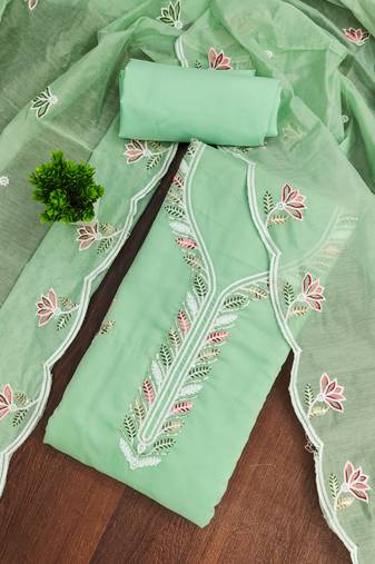Women's light green unstitched thread sequence embroidery chanderi cotton dress material (mt620lgn)