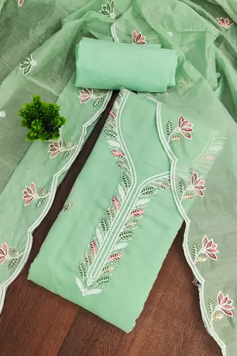 Women's light green unstitched thread sequence embroidery chanderi cotton dress material (mt620lgn)