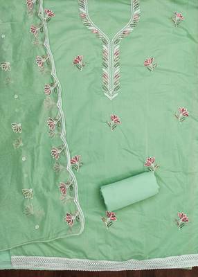 Women's light green thread sequence embroidery chanderi cotton dress material 2