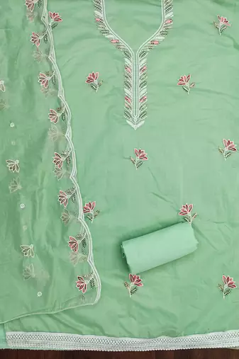 Women's light green thread sequence embroidery chanderi cotton dress material