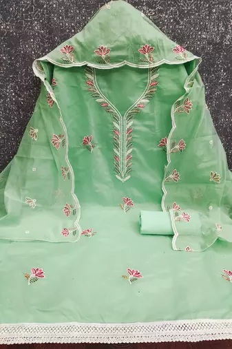 Women's light green thread sequence embroidery chanderi cotton dress material