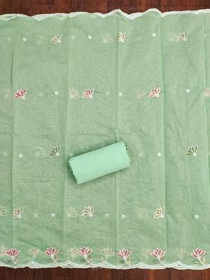 Women's light green thread sequence embroidery chanderi cotton dress material 4