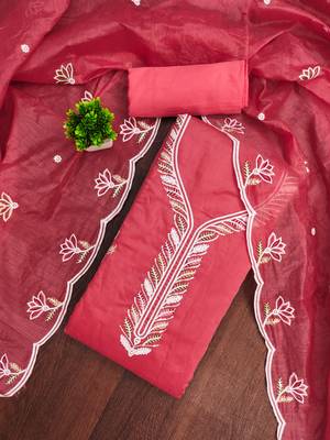 Women's pink thread sequence embroidery chanderi cotton dress material 1