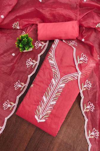 Women's pink unstitched thread sequence embroidery chanderi cotton dress material (mt620pnk)