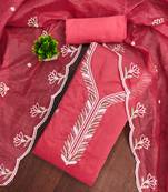 Women's pink unstitched thread sequence embroidery chanderi cotton dress material (mt620pnk)