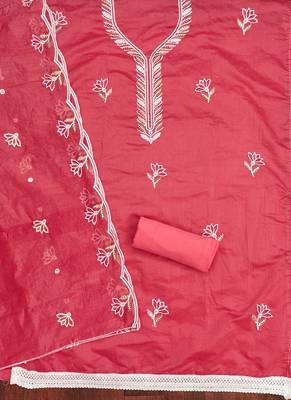 Women's pink thread sequence embroidery chanderi cotton dress material 2