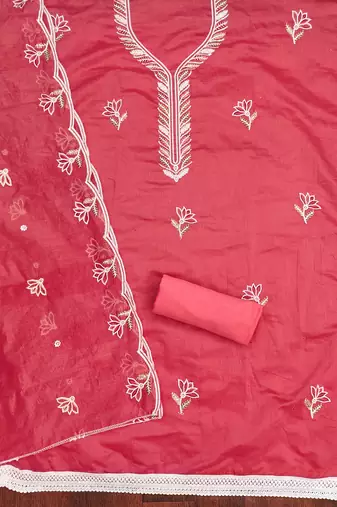 Women's pink thread sequence embroidery chanderi cotton dress material
