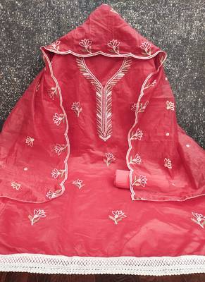 Women's pink thread sequence embroidery chanderi cotton dress material 3