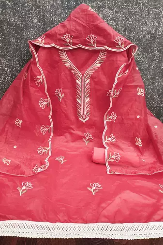 Women's pink thread sequence embroidery chanderi cotton dress material
