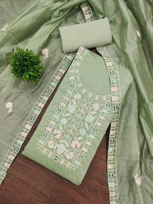 Women's light green thread embroidery chanderi cotton dress material 1
