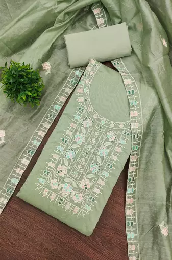 Women's light green unstitched thread embroidery chanderi cotton dress material (mt651lgn)