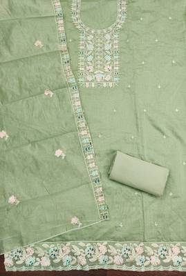 Women's light green thread embroidery chanderi cotton dress material 2