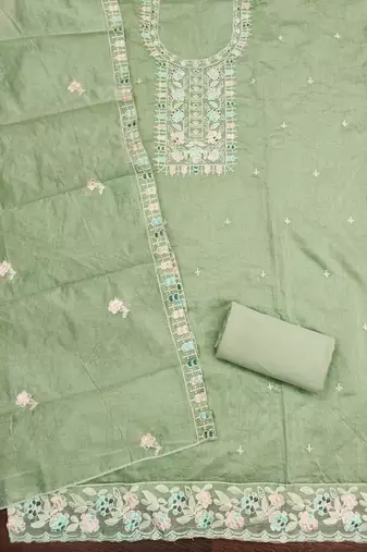 Women's light green thread embroidery chanderi cotton dress material