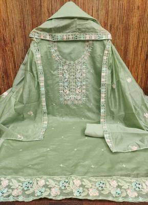 Women's light green thread embroidery chanderi cotton dress material 3