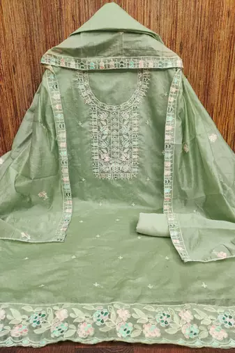 Women's light green thread embroidery chanderi cotton dress material