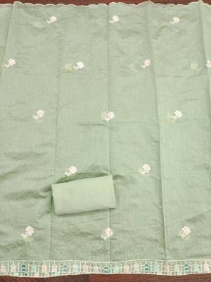Women's light green thread embroidery chanderi cotton dress material 4