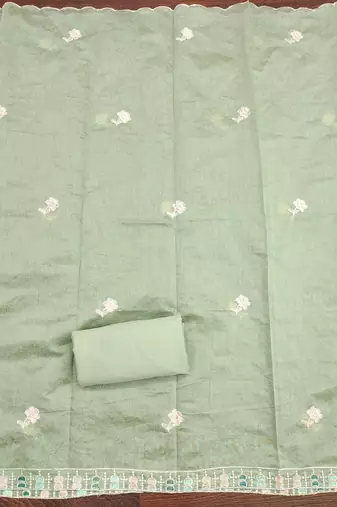 Women's light green thread embroidery chanderi cotton dress material
