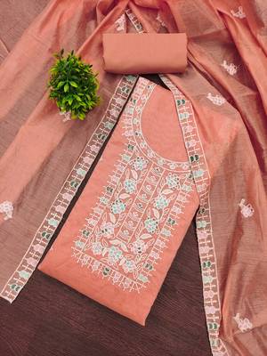 Women's peach thread embroidery chanderi cotton dress material 1