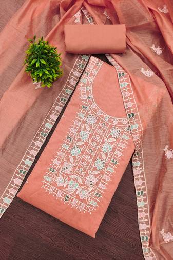 Women's peach unstitched thread embroidery chanderi cotton dress material (mt651pch)