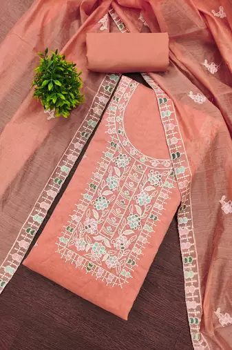 Women's peach unstitched thread embroidery chanderi cotton dress material (mt651pch)