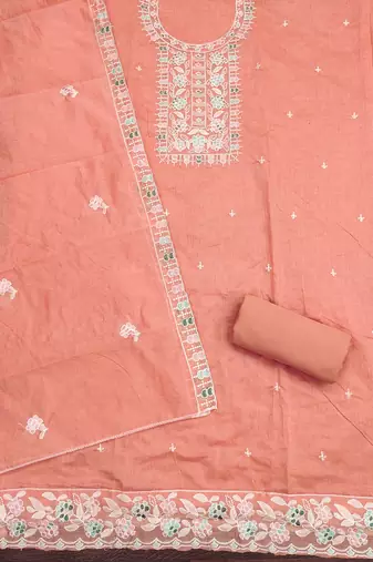Women's peach thread embroidery chanderi cotton dress material