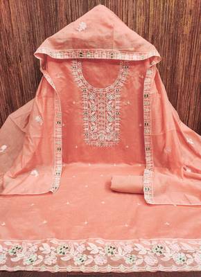 Women's peach thread embroidery chanderi cotton dress material 3