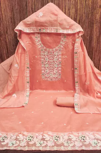 Women's peach thread embroidery chanderi cotton dress material