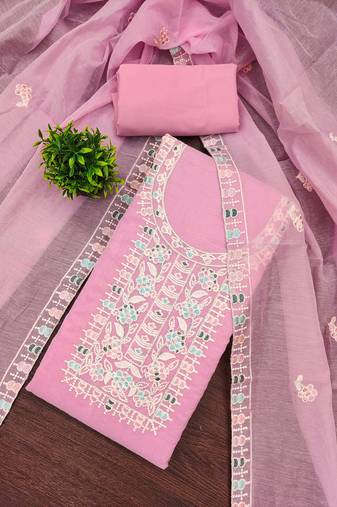 Women's pink unstitched thread embroidery chanderi cotton dress material (mt651pnk)