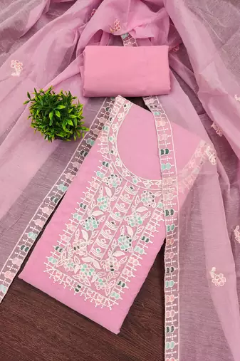 Women's pink unstitched thread embroidery chanderi cotton dress material (mt651pnk)