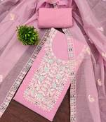 Women's pink unstitched thread embroidery chanderi cotton dress material (mt651pnk)
