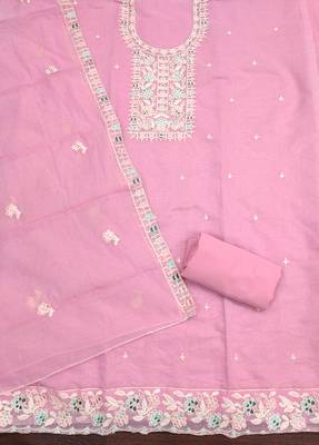 Women's pink thread embroidery chanderi cotton dress material 2