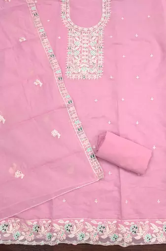 Women's pink thread embroidery chanderi cotton dress material