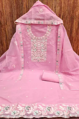 Women's pink thread embroidery chanderi cotton dress material