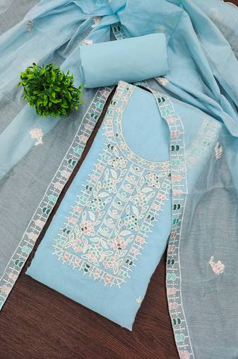 Women's sky blue unstitched thread embroidery chanderi cotton dress material (mt651sbl)
