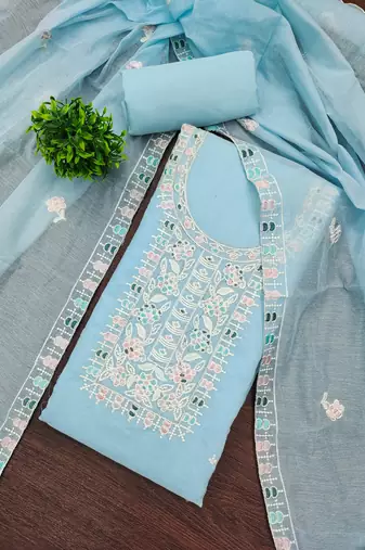 Women's sky blue unstitched thread embroidery chanderi cotton dress material (mt651sbl)